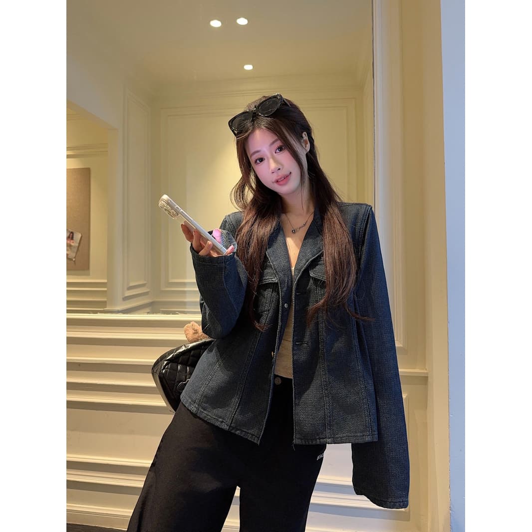 폴로 칼라 주머니 긴팔 마 오래된 카우보이 바깥 세트 여성 의류 2026 새로운 한 부서 레트로 루즈핏 다용도 맨위 이미지 3