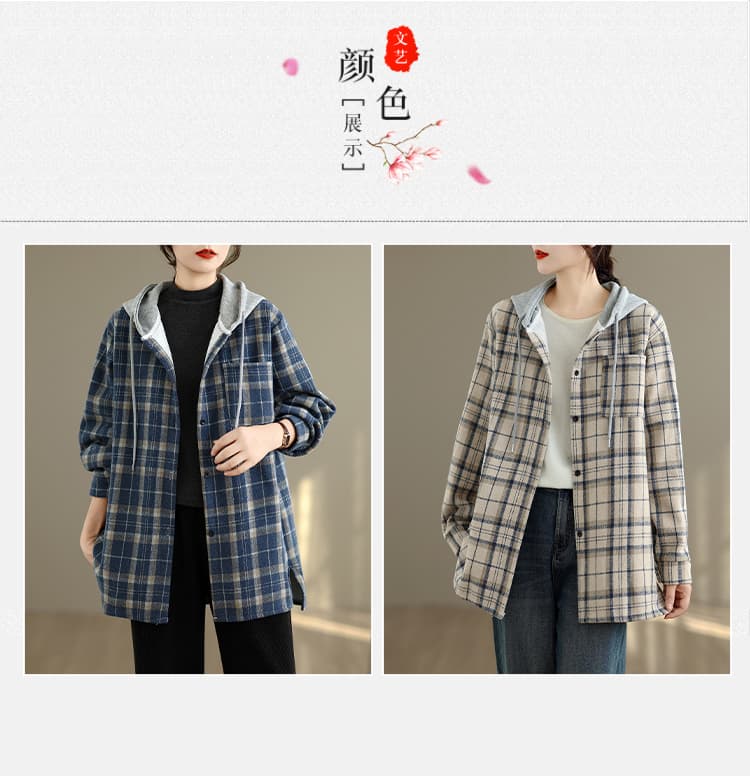 실사 두꺼운 털이 있는 연삭 털 체크무늬 여성 셔츠 가을 겨울 새로운 빅 사이즈 루즈핏 느긋한 후드 모직 외투 상세 이미지 7