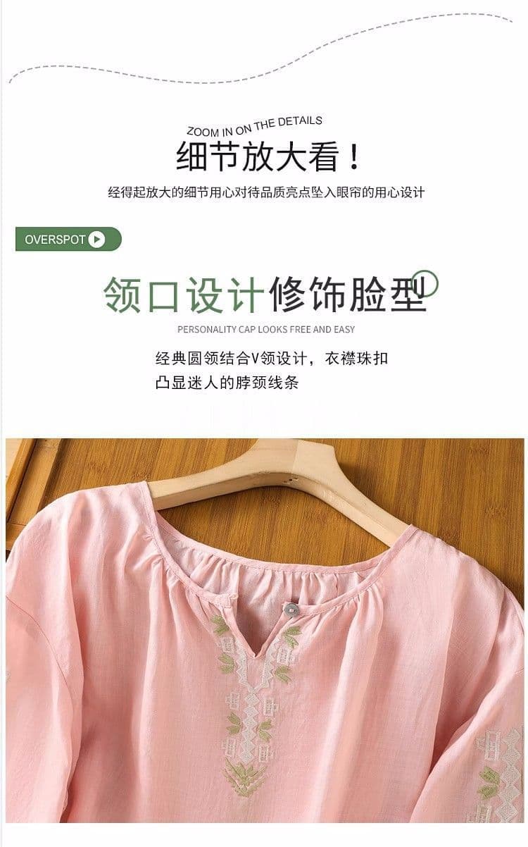 비 실사 민족 스타일 맨위 면 린넨 자수 여성 셔츠 여름 무거운 작업 자수 얇은 스타일 V넥 벌룬 소매 상세 이미지 7