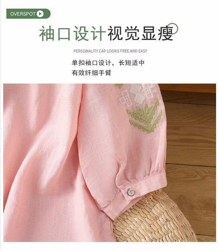 비 실사 민족 스타일 맨위 면 린넨 자수 여성 셔츠 여름 무거운 작업 자수 얇은 스타일 V넥 벌룬 소매 상세 이미지 8