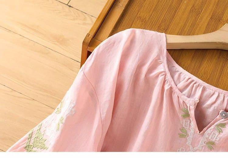 비 실사 민족 스타일 맨위 면 린넨 자수 여성 셔츠 여름 무거운 작업 자수 얇은 스타일 V넥 벌룬 소매 상세 이미지 14