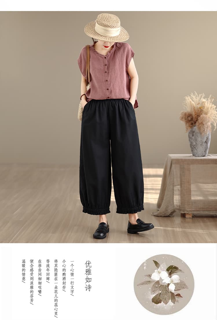 실사 루즈핏 마 면 녹색 와이드 레깅스 바지 여름 새로운 허리밴드 9 포인트 캐주얼 배기 바지 상세 이미지 15