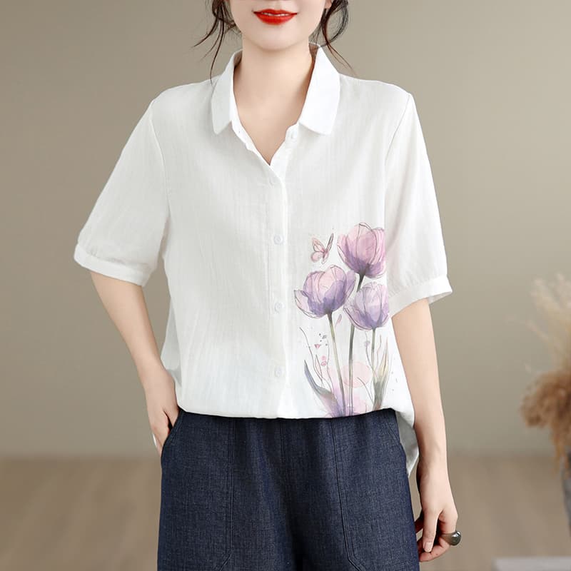 실사 여름 새로운 화이트 빅 사이즈 면 반팔 여성 셔츠 폴로 칼라 셔츠 프린트 꽃 루즈핏 맨위 이미지 3