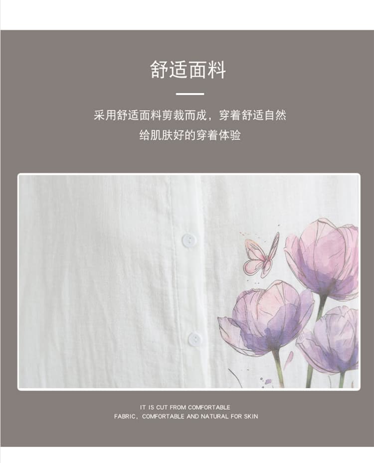 실사 여름 새로운 화이트 빅 사이즈 면 반팔 여성 셔츠 폴로 칼라 셔츠 프린트 꽃 루즈핏 맨위 상세 이미지 7