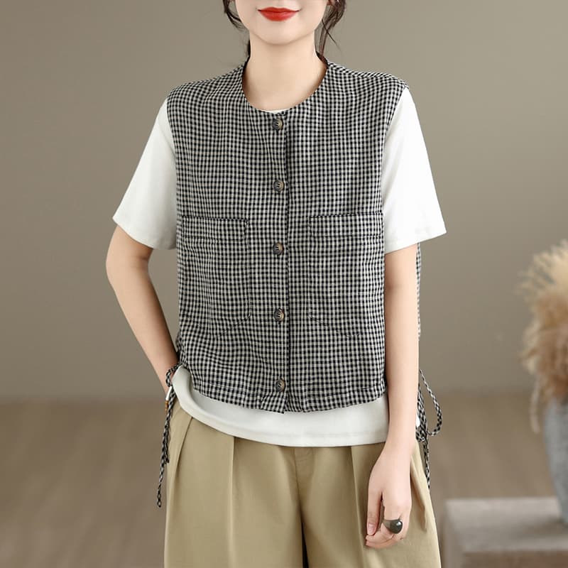 실사 체크무늬 베스트 민소매 디자인 센스 루즈핏 빅 사이즈 조끼 조끼 봄 여름 세련된 슬림해 보이는 맨위 여성 이미지 2
