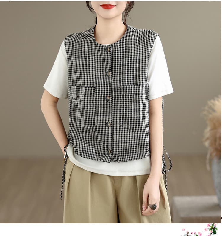 실사 체크무늬 베스트 민소매 디자인 센스 루즈핏 빅 사이즈 조끼 조끼 봄 여름 세련된 슬림해 보이는 맨위 여성 상세 이미지 10