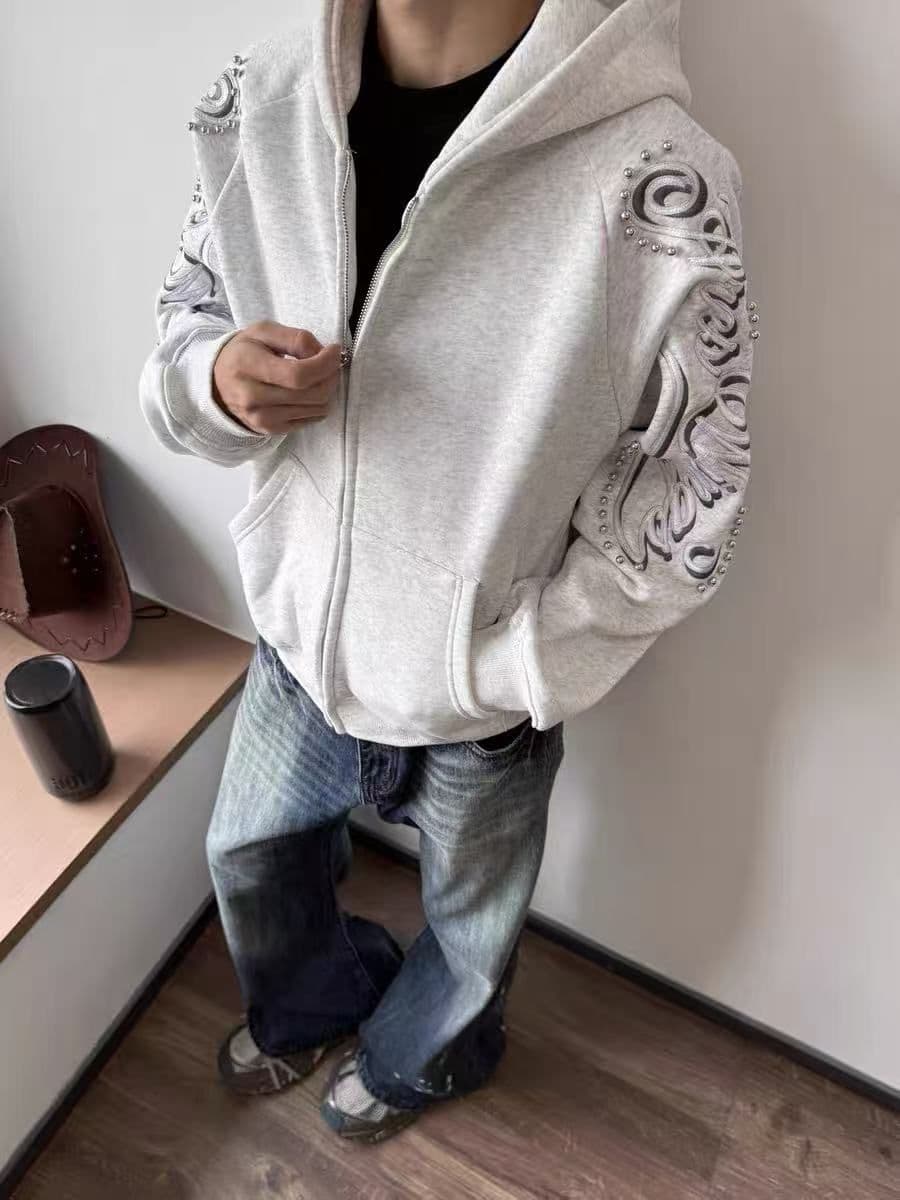 2026 새로운 무거운 두꺼운 봄 가을 거리 무거운 작업 비즈 박기 자수 후드티 남녀 조수 브랜드 재킷 상세 이미지 6