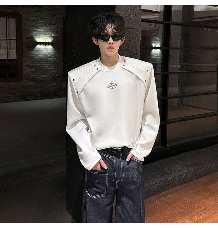 2026 새로운 무거운 어깨 패드 해체 긴팔 티셔츠 남자 금속 장식 조수 브랜드 고급 센스 후드티 높음 거리 티셔츠 상세 이미지 4