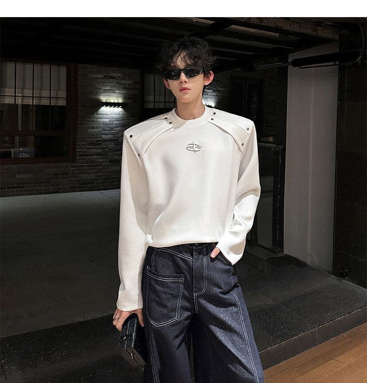 2026 새로운 무거운 어깨 패드 해체 긴팔 티셔츠 남자 금속 장식 조수 브랜드 고급 센스 후드티 높음 거리 티셔츠 상세 이미지 8