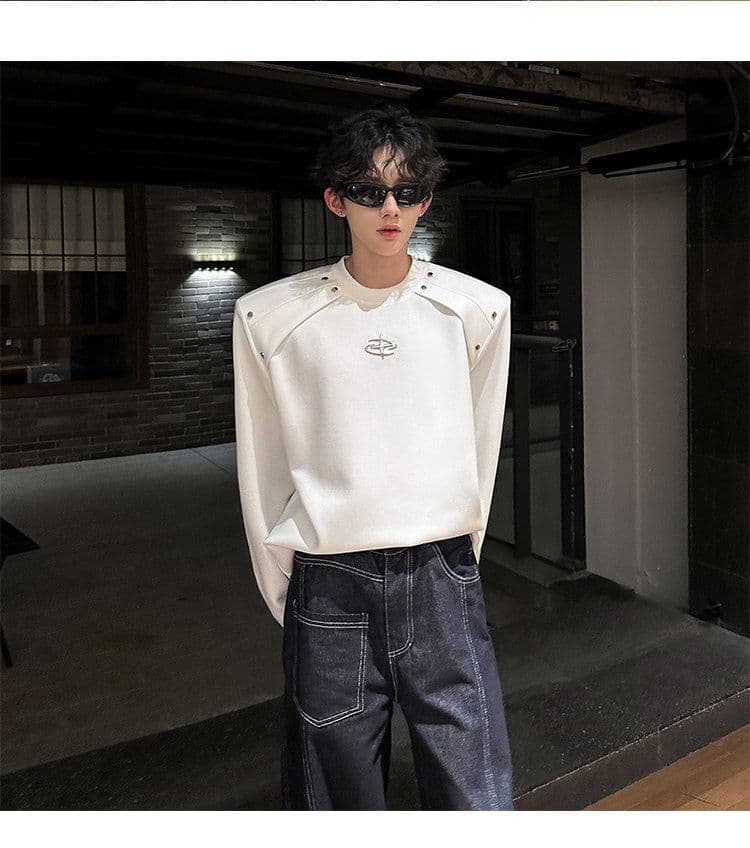 2026 새로운 무거운 어깨 패드 해체 긴팔 티셔츠 남자 금속 장식 조수 브랜드 고급 센스 후드티 높음 거리 티셔츠 상세 이미지 9