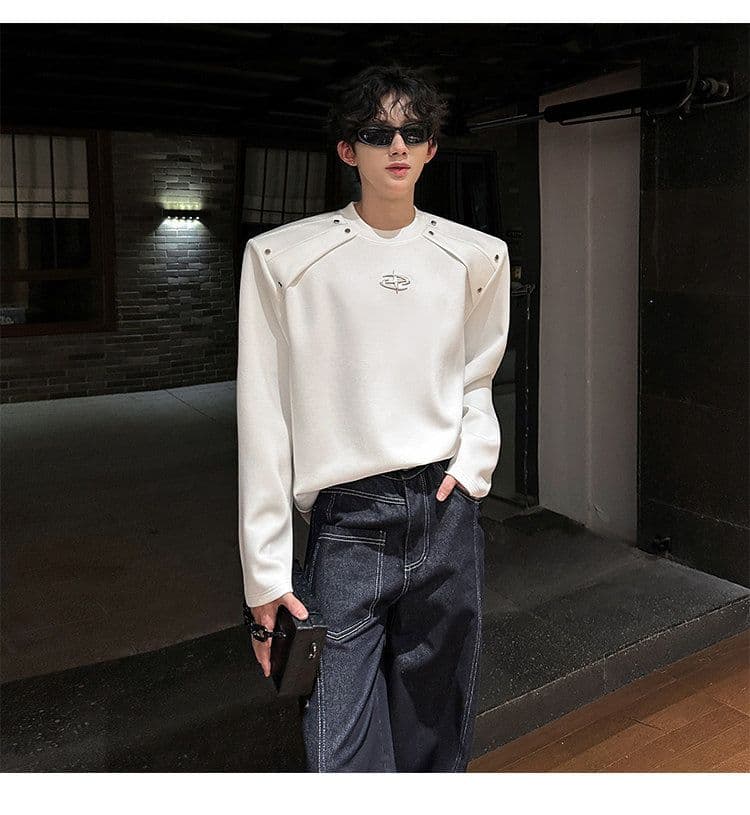 2026 새로운 무거운 어깨 패드 해체 긴팔 티셔츠 남자 금속 장식 조수 브랜드 고급 센스 후드티 높음 거리 티셔츠 상세 이미지 10