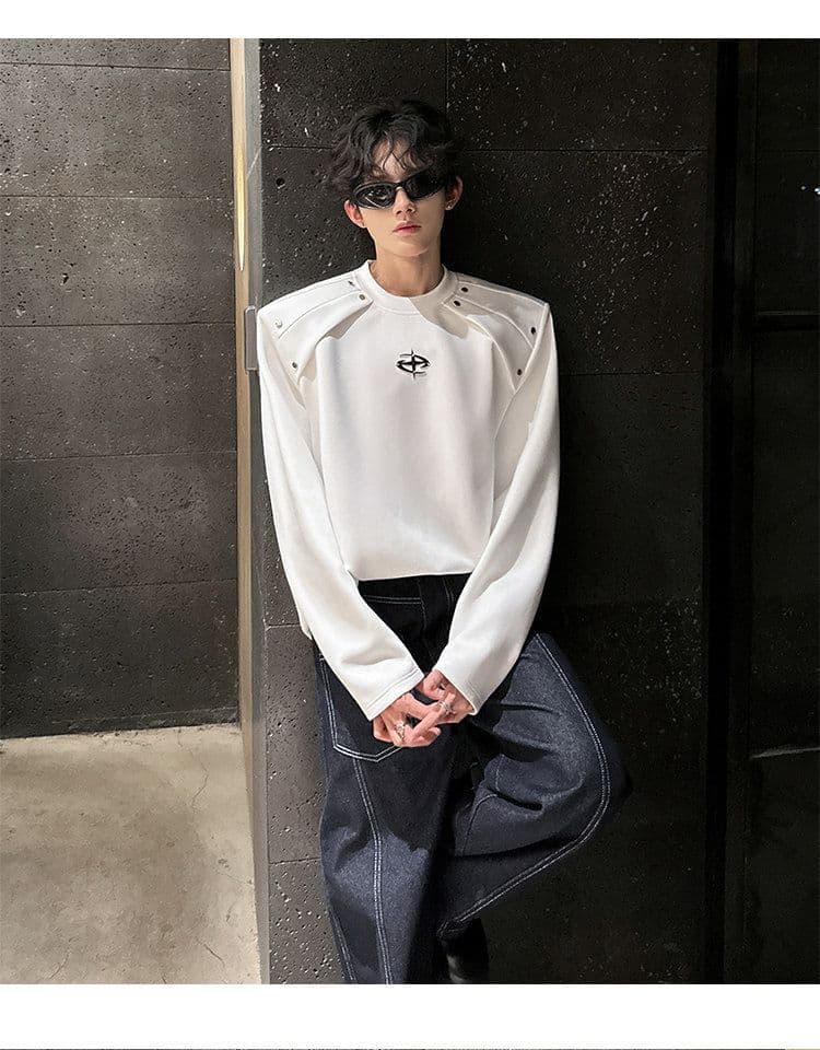 2026 새로운 무거운 어깨 패드 해체 긴팔 티셔츠 남자 금속 장식 조수 브랜드 고급 센스 후드티 높음 거리 티셔츠 상세 이미지 16