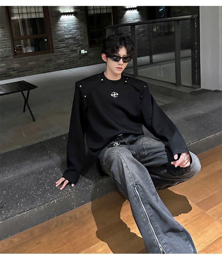 2026 새로운 무거운 어깨 패드 해체 긴팔 티셔츠 남자 금속 장식 조수 브랜드 고급 센스 후드티 높음 거리 티셔츠 상세 이미지 23