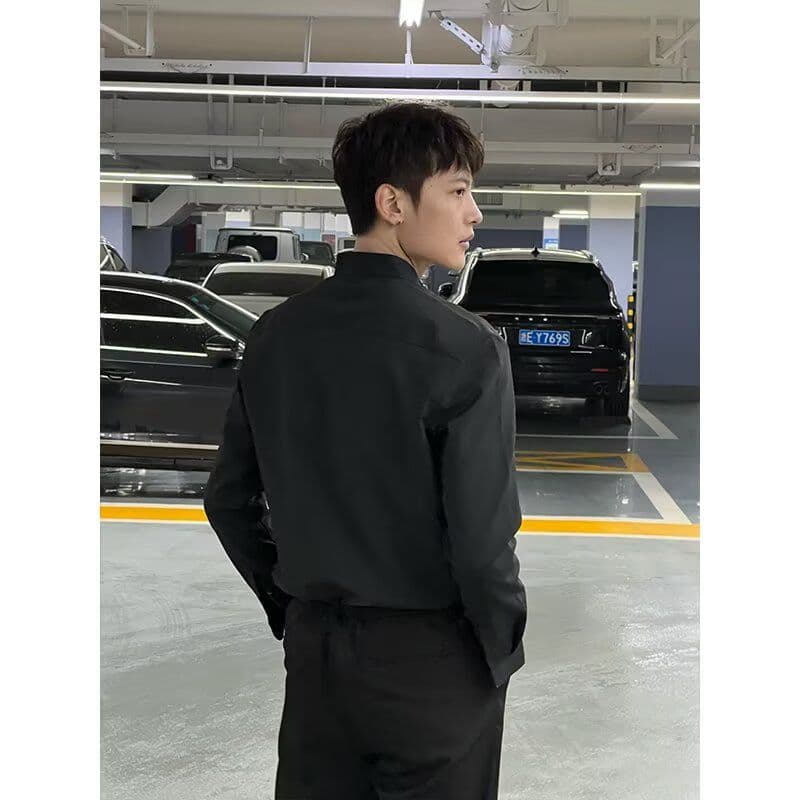2026 새로운 봄 여름 스탠드 칼라 셔츠 남자 조수 브랜드 튀김 거리 고급 센스 몸매 가꾸기 긴팔 셔츠 후아 남편 그리드 맨위 이미지 2