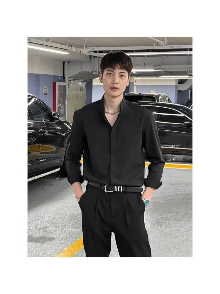 2026 새로운 봄 여름 스탠드 칼라 셔츠 남자 조수 브랜드 튀김 거리 고급 센스 몸매 가꾸기 긴팔 셔츠 후아 남편 그리드 맨위 상세 이미지 5