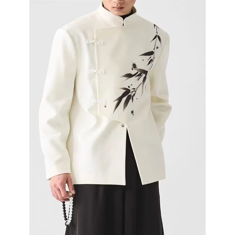 2026 새로운 화이트 정장 국풍 젠 남성 의류 수묵화 대나무 비스듬한 문 襟 단추 중국어 튜닉 슈트 정장 재킷 이미지 4