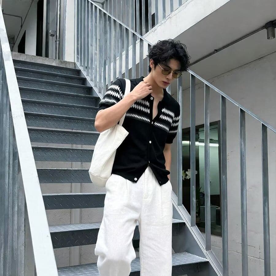 여름 클래식 스트라이프 배색 반팔 POLO 셔츠 남성 폴로 칼라 비즈니스 캐주얼 통기성 니트 카디건 코트 트렌디 이미지 3