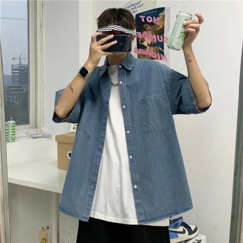 아메리칸 국가 트렌디 높음 거리 고급 센스 작은 대중 데님 반팔 셔츠 남녀 여름 조수 브랜드 루즈핏 워싱 재킷 트렌디