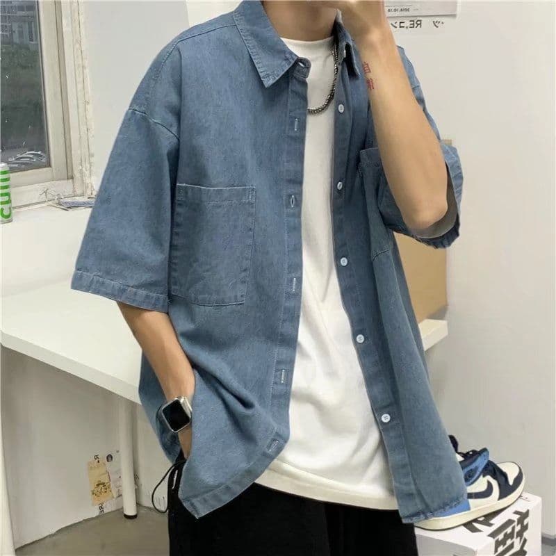 아메리칸 국가 트렌디 높음 거리 고급 센스 작은 대중 데님 반팔 셔츠 남녀 여름 조수 브랜드 루즈핏 워싱 재킷 트렌디 상세 이미지 7