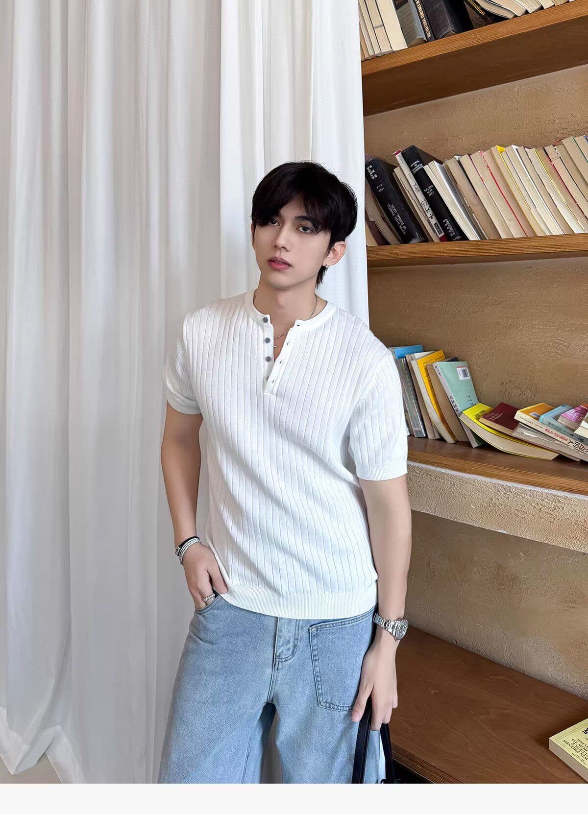 2026 새로운 헨리 칼라 수직 곡물 니트 반팔 티셔츠 편안함 캐주얼 다용도 미니멀리즘 남성 의류 여름 맨위 상세 이미지 12