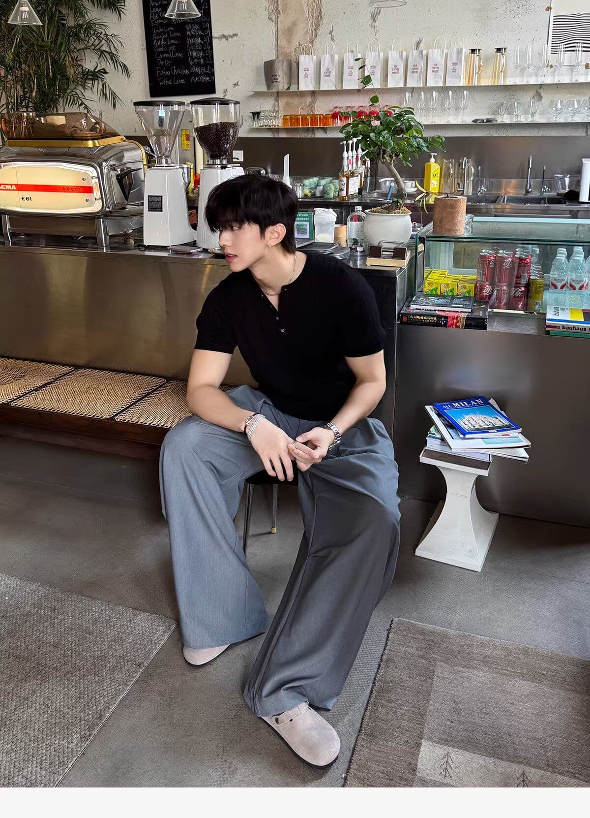 2026 새로운 헨리 칼라 수직 곡물 니트 반팔 티셔츠 편안함 캐주얼 다용도 미니멀리즘 남성 의류 여름 맨위 상세 이미지 25
