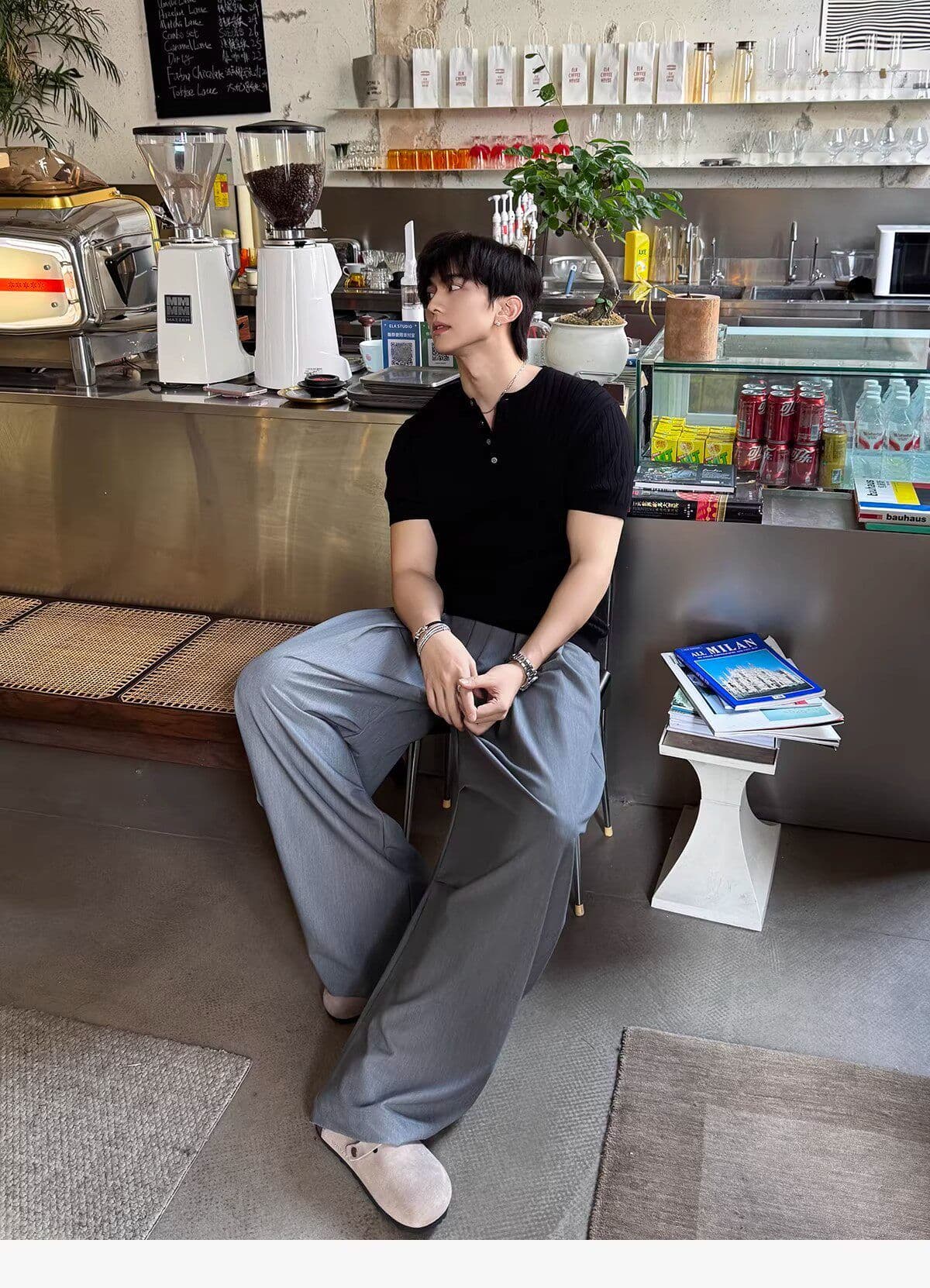 2026 새로운 헨리 칼라 수직 곡물 니트 반팔 티셔츠 편안함 캐주얼 다용도 미니멀리즘 남성 의류 여름 맨위 상세 이미지 26
