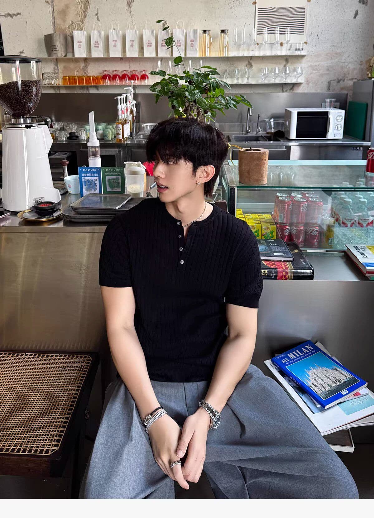 2026 새로운 헨리 칼라 수직 곡물 니트 반팔 티셔츠 편안함 캐주얼 다용도 미니멀리즘 남성 의류 여름 맨위 상세 이미지 27