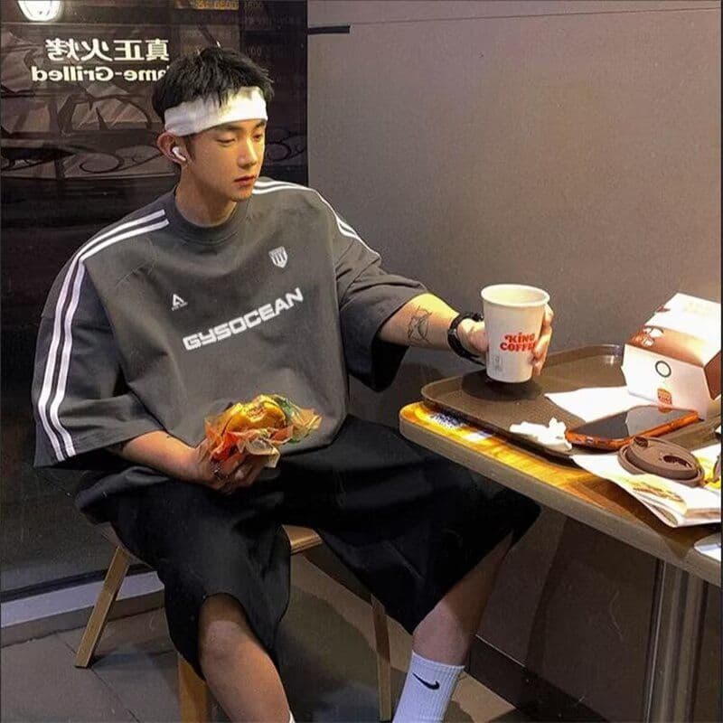 2026 새로운 무거운 청소년 운동 바람 평행 막대 측면 기사 남녀 여름 캐주얼 루즈핏 기본 셔츠 맨위 이미지 2