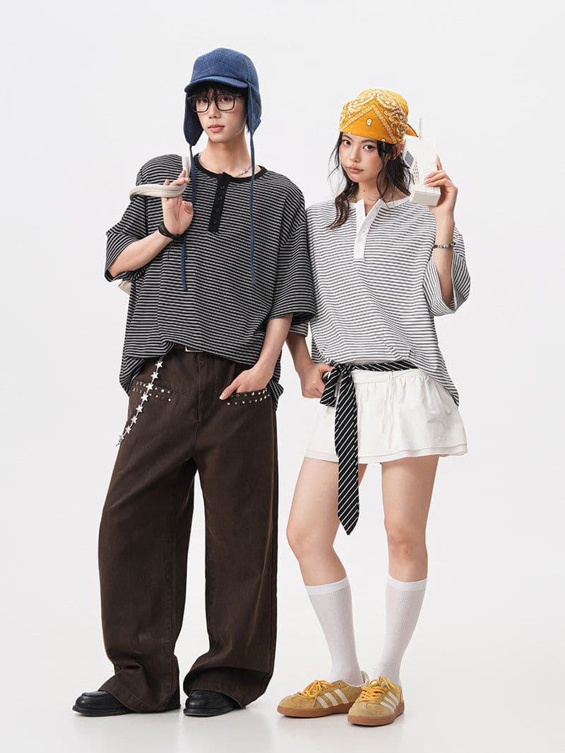 2026 새로운 무거운 순면 스트라이프 레트로 헨리 칼라 스트라이프 반팔 티셔츠 남녀 캐주얼 루즈핏 맨위 트렌디