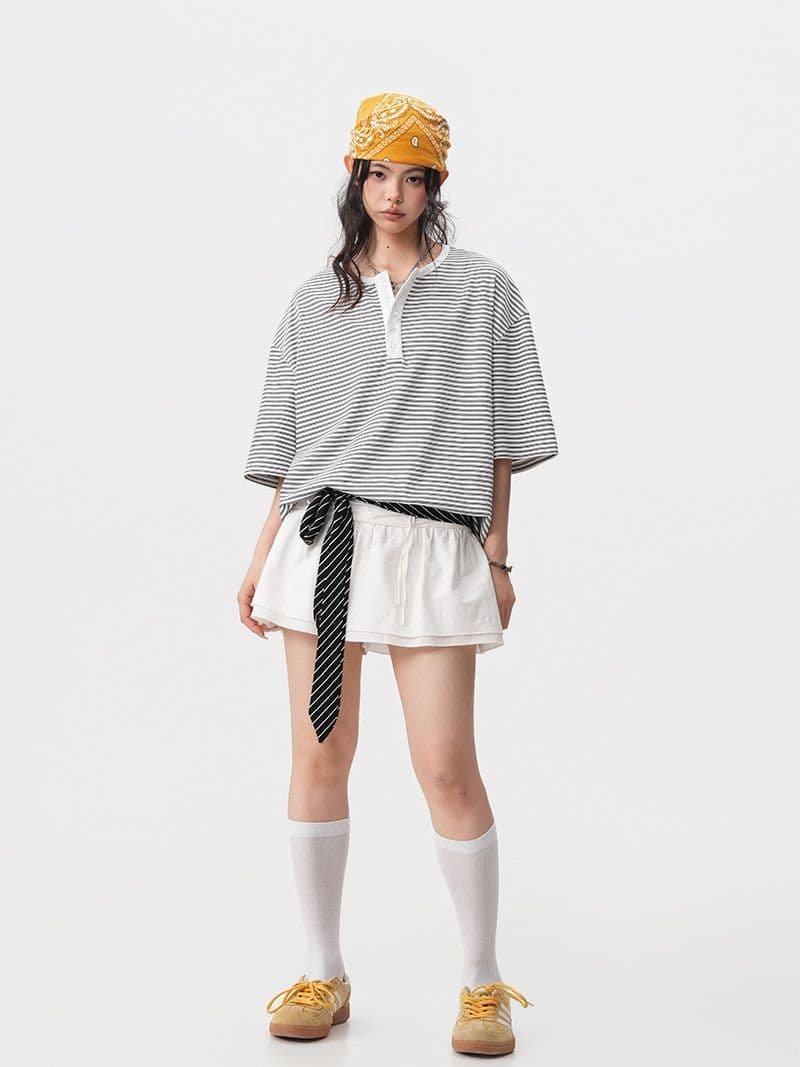 2026 새로운 무거운 순면 스트라이프 레트로 헨리 칼라 스트라이프 반팔 티셔츠 남녀 캐주얼 루즈핏 맨위 트렌디 상세 이미지 12