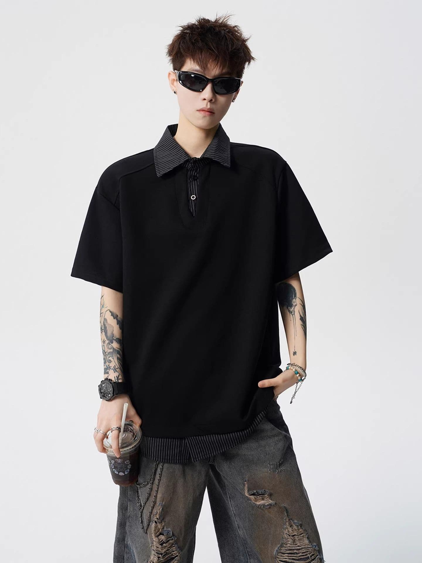 2026 새로운 무거운 페이크 레이어드 POLO 셔츠 남자 여름 스트라이프 패치워크 반팔 조수 브랜드 티셔츠 이미지 2