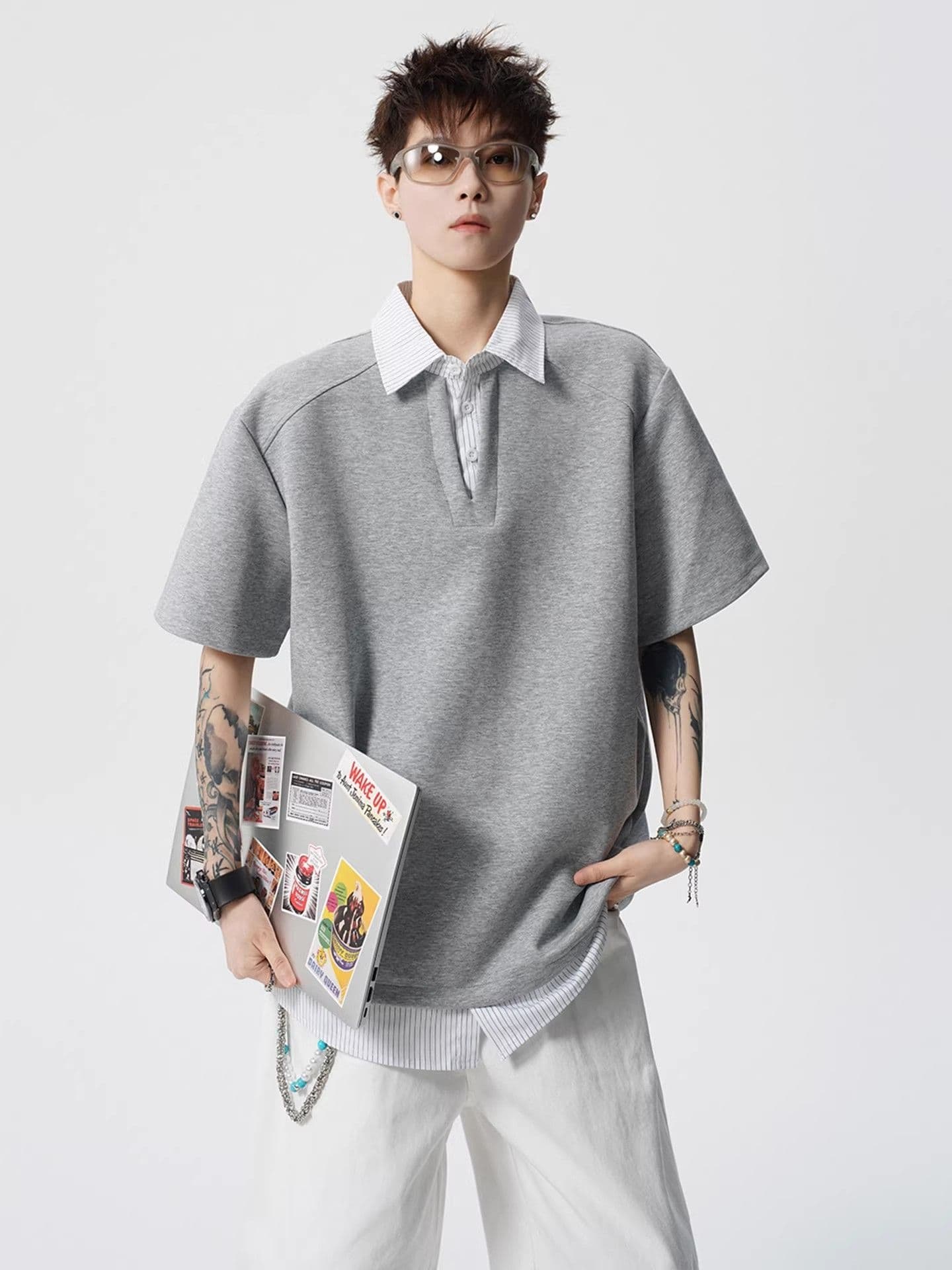 2026 새로운 무거운 페이크 레이어드 POLO 셔츠 남자 여름 스트라이프 패치워크 반팔 조수 브랜드 티셔츠
