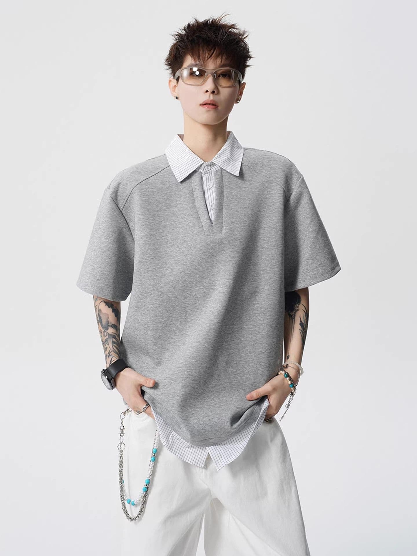 2026 새로운 무거운 페이크 레이어드 POLO 셔츠 남자 여름 스트라이프 패치워크 반팔 조수 브랜드 티셔츠 이미지 3
