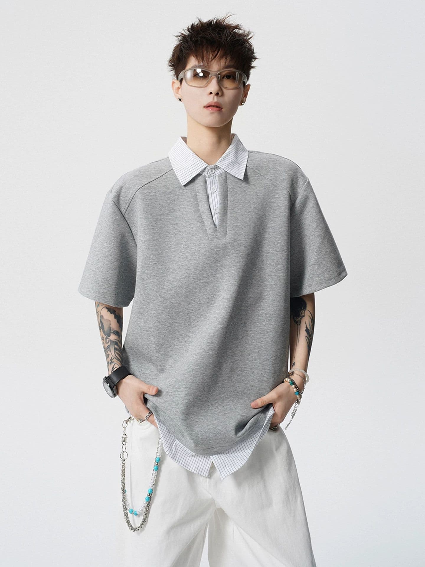 2026 새로운 무거운 페이크 레이어드 POLO 셔츠 남자 여름 스트라이프 패치워크 반팔 조수 브랜드 티셔츠 상세 이미지 1