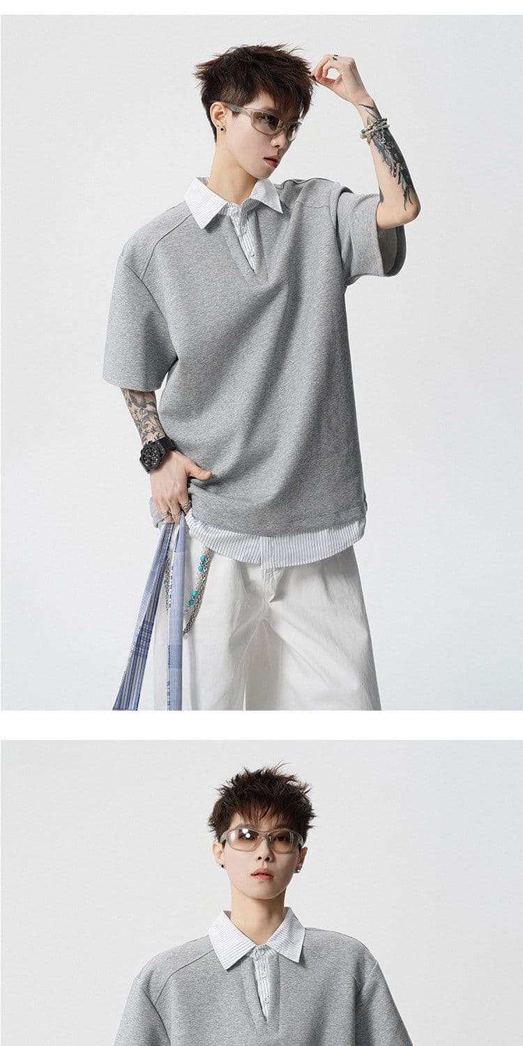 2026 새로운 무거운 페이크 레이어드 POLO 셔츠 남자 여름 스트라이프 패치워크 반팔 조수 브랜드 티셔츠 상세 이미지 3