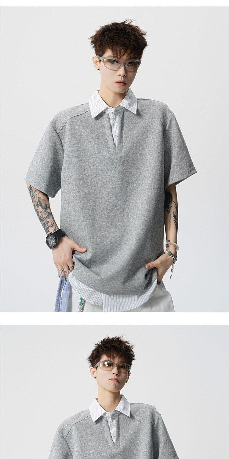 2026 새로운 무거운 페이크 레이어드 POLO 셔츠 남자 여름 스트라이프 패치워크 반팔 조수 브랜드 티셔츠 상세 이미지 7