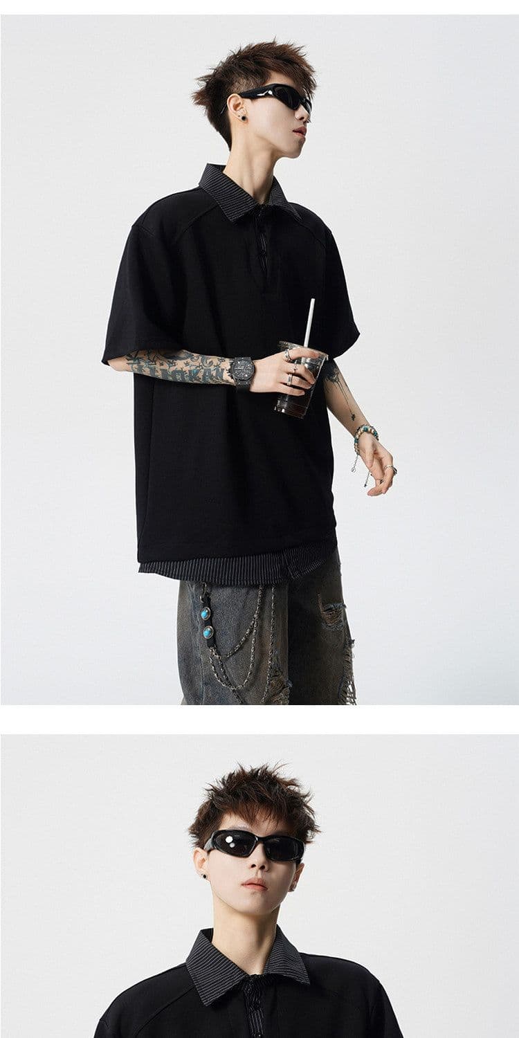2026 새로운 무거운 페이크 레이어드 POLO 셔츠 남자 여름 스트라이프 패치워크 반팔 조수 브랜드 티셔츠 상세 이미지 13