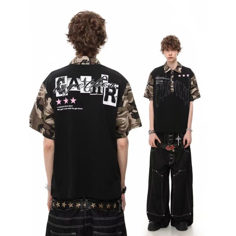 vintage 아메리칸 트렌드 카모플라주 패치워크 반팔 티셔츠 남성 여름 루즈핏 캐주얼 커플 POLO 셔츠 맨위 이미지 4