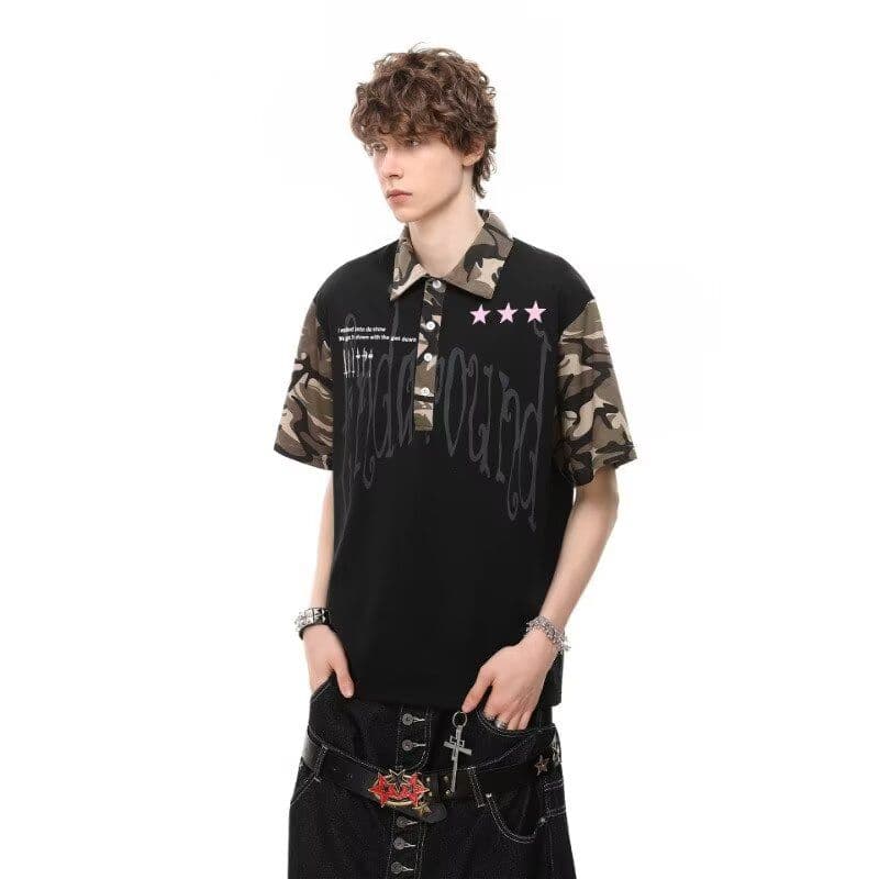 vintage 아메리칸 트렌드 카모플라주 패치워크 반팔 티셔츠 남성 여름 루즈핏 캐주얼 커플 POLO 셔츠 맨위 이미지 2