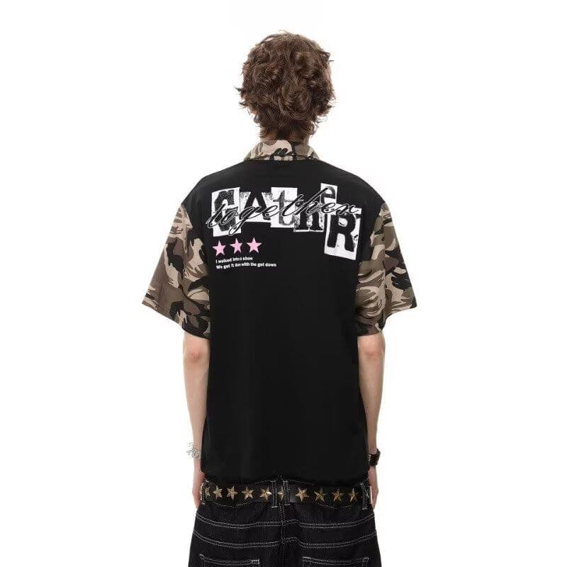 vintage 아메리칸 트렌드 카모플라주 패치워크 반팔 티셔츠 남성 여름 루즈핏 캐주얼 커플 POLO 셔츠 맨위 상세 이미지 1