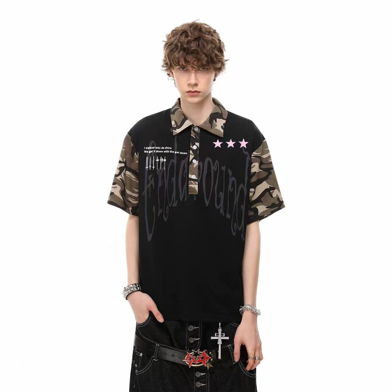 vintage 아메리칸 트렌드 카모플라주 패치워크 반팔 티셔츠 남성 여름 루즈핏 캐주얼 커플 POLO 셔츠 맨위 상세 이미지 5