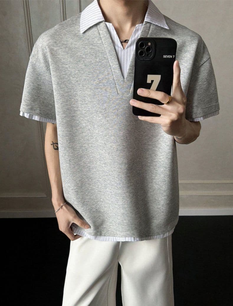 2026 새로운 무거운 순면 페이크 레이어드 스트라이프 반팔 POLO 셔츠 남자 여름 폴로 칼라 반소매 티셔츠 이미지 2