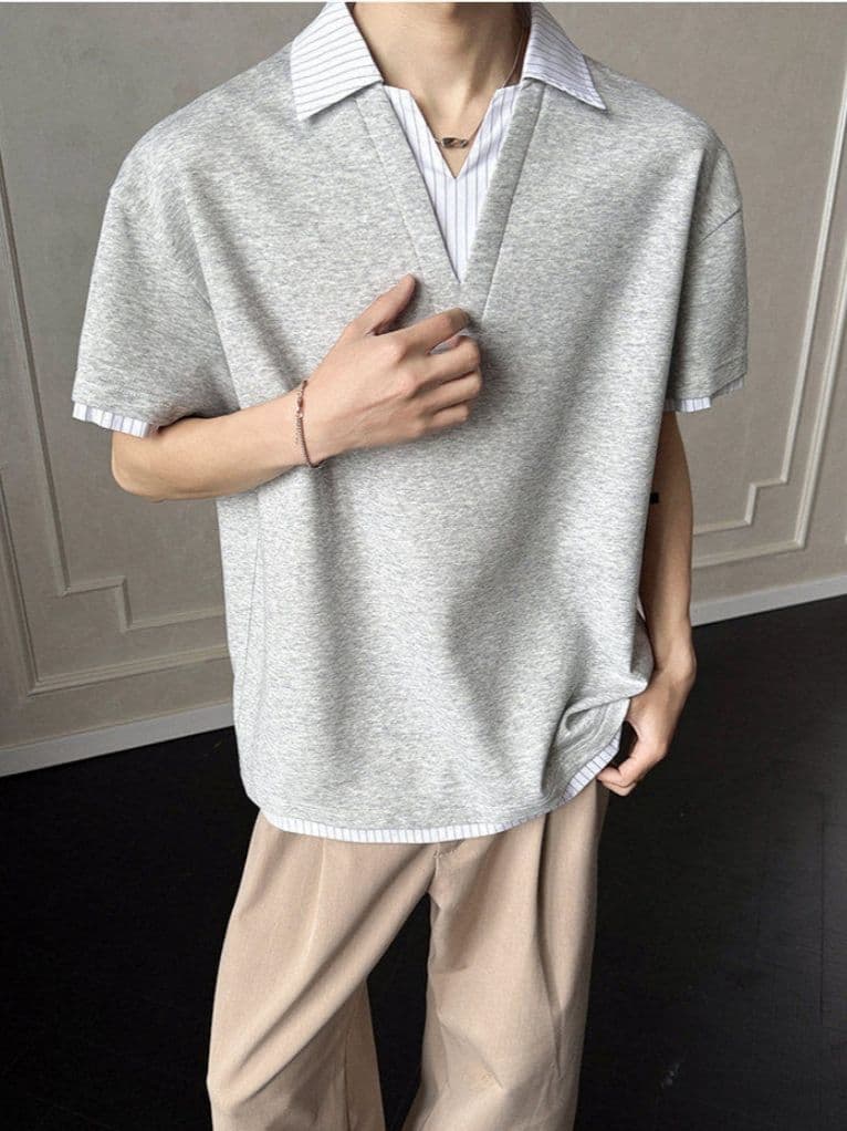 2026 새로운 무거운 순면 페이크 레이어드 스트라이프 반팔 POLO 셔츠 남자 여름 폴로 칼라 반소매 티셔츠 이미지 4