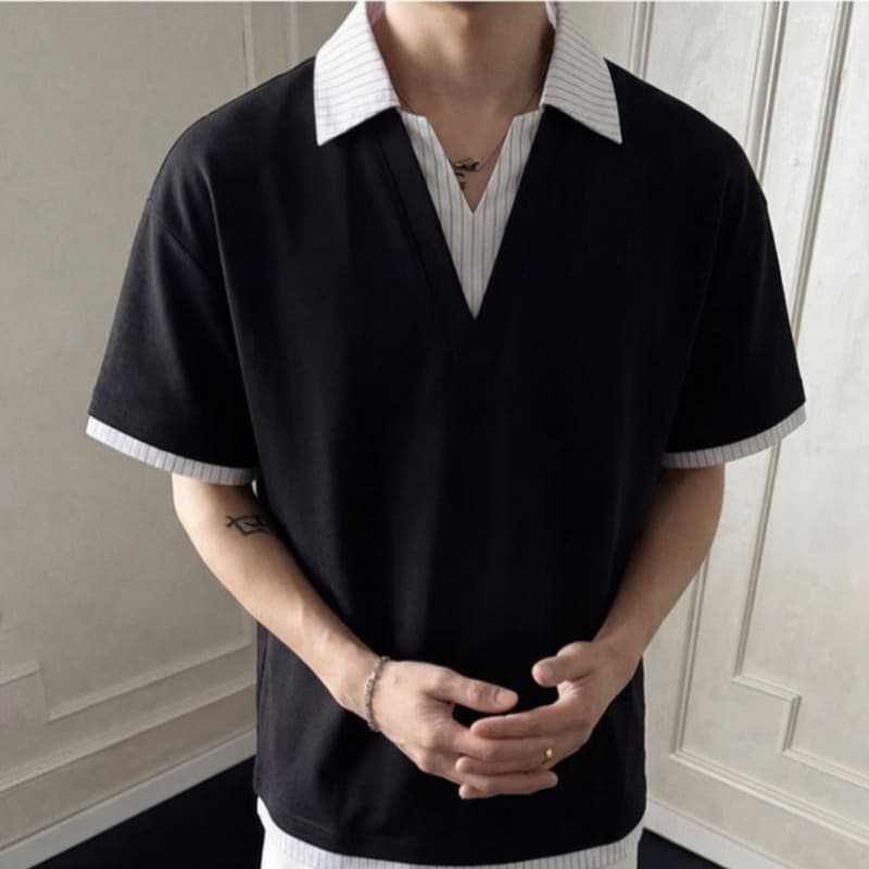 2026 새로운 무거운 순면 페이크 레이어드 스트라이프 반팔 POLO 셔츠 남자 여름 폴로 칼라 반소매 티셔츠 이미지 5