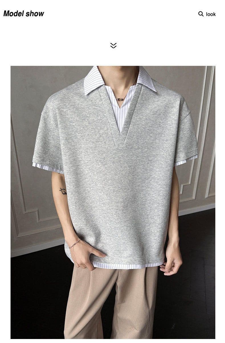 2026 새로운 무거운 순면 페이크 레이어드 스트라이프 반팔 POLO 셔츠 남자 여름 폴로 칼라 반소매 티셔츠 상세 이미지 3
