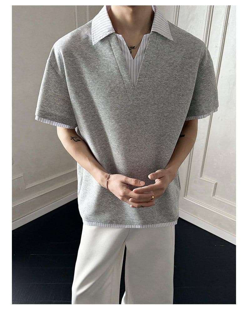 2026 새로운 무거운 순면 페이크 레이어드 스트라이프 반팔 POLO 셔츠 남자 여름 폴로 칼라 반소매 티셔츠 상세 이미지 6