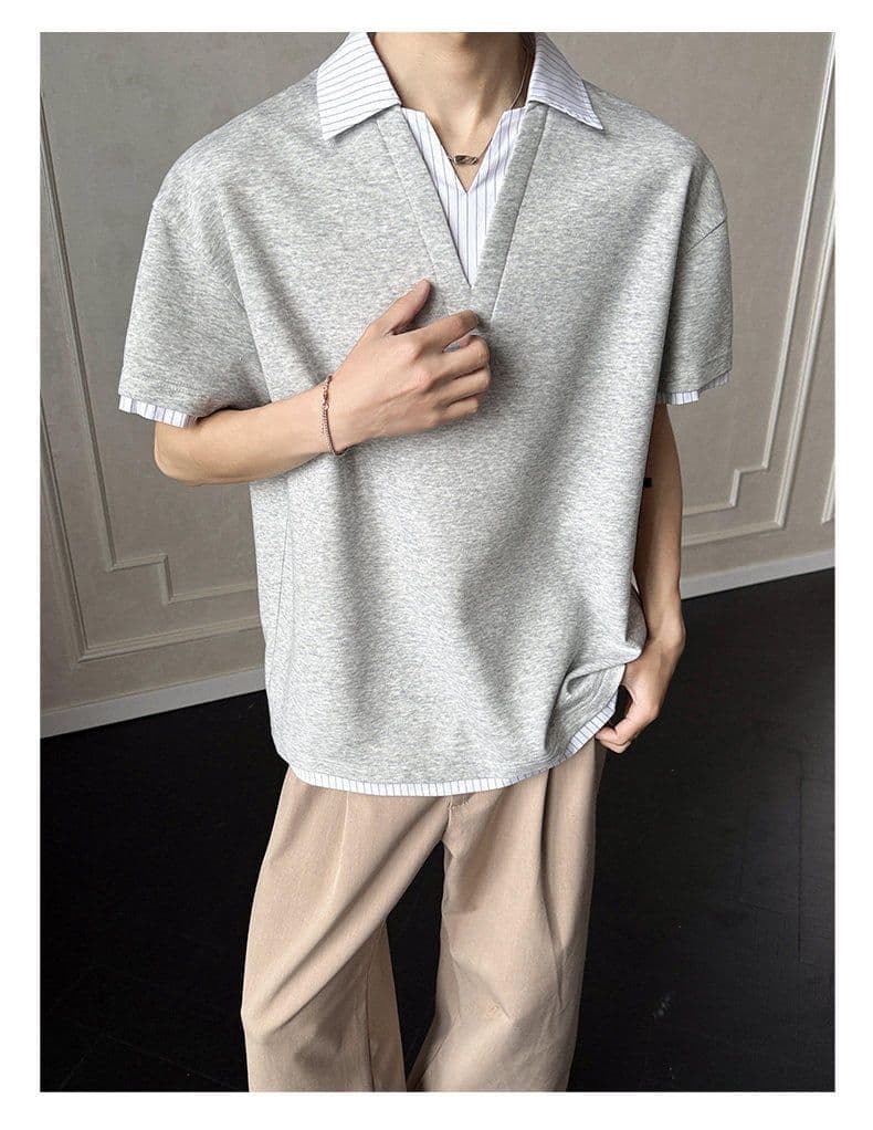 2026 새로운 무거운 순면 페이크 레이어드 스트라이프 반팔 POLO 셔츠 남자 여름 폴로 칼라 반소매 티셔츠 상세 이미지 8