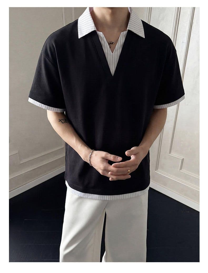 2026 새로운 무거운 순면 페이크 레이어드 스트라이프 반팔 POLO 셔츠 남자 여름 폴로 칼라 반소매 티셔츠 상세 이미지 12