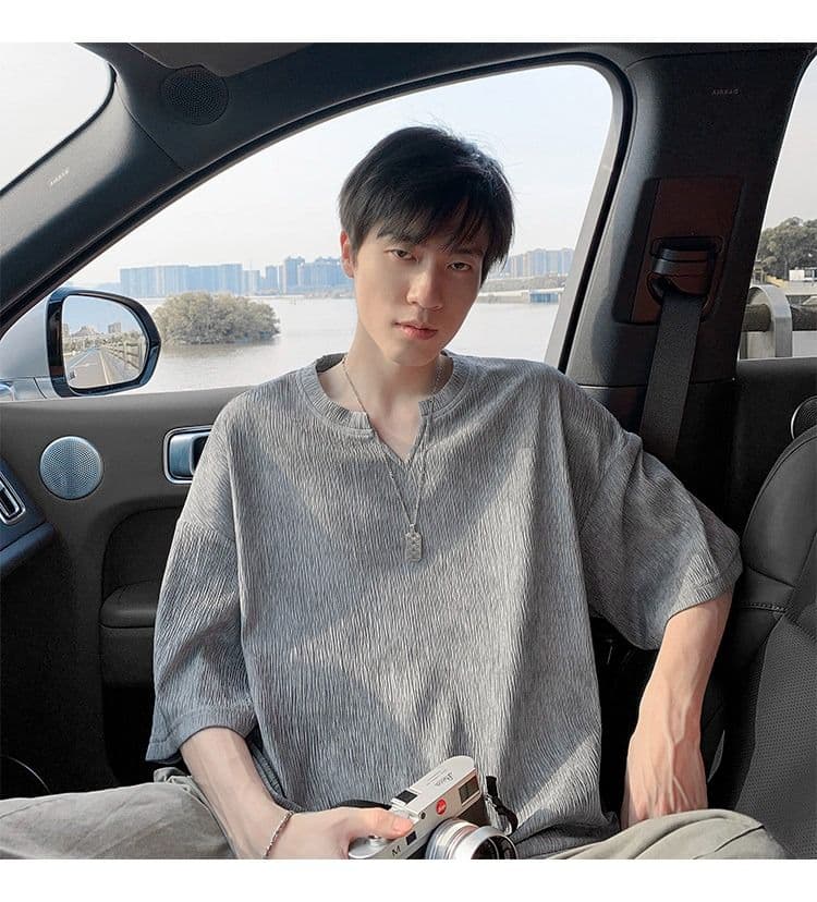 2026 새로운 홀치기 염색 질감 센스 얼음 실크 V넥 반팔 티셔츠 남자 여름 얇은 스타일 루즈핏 반소매 동정 맨위 상세 이미지 15