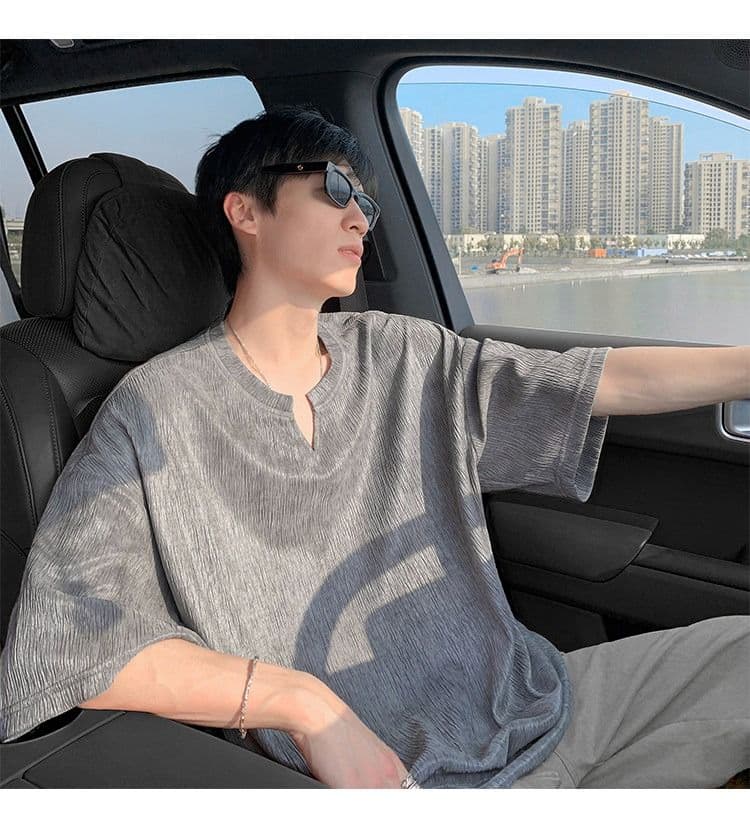2026 새로운 홀치기 염색 질감 센스 얼음 실크 V넥 반팔 티셔츠 남자 여름 얇은 스타일 루즈핏 반소매 동정 맨위 상세 이미지 16